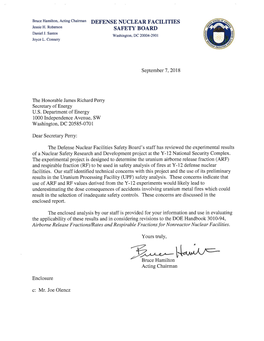 September 7, 2018, Board Letter Providing Its Evaluation of the Uranium Airborne Release Fraction (ARF) and Respirable Fraction