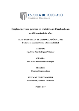 Empleo, Ingresos, Pobreza En El Distrito De Carabayllo En Los Últimos