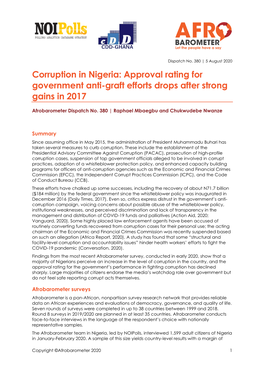 Corruption in Nigeria: Approval Rating for Government Anti-Graft Efforts Drops After Strong Gains in 2017