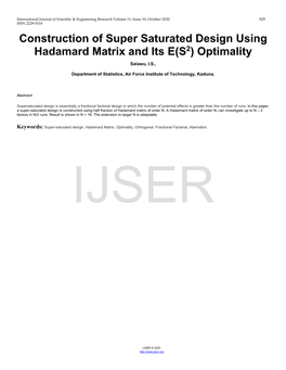 Construction of Super Saturated Design Using Hadamard Matrix and Its E(S2) Optimality Salawu, I.S