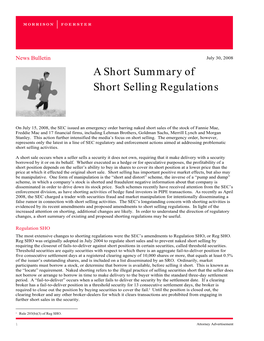 A Short Summary of Short Selling Regulations