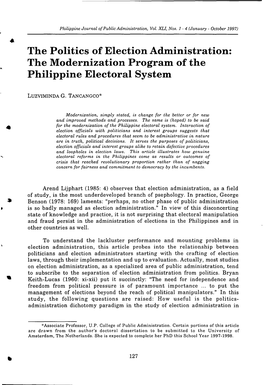 The Politics of Election Administration: the Modernization Program of the Philippine Electoral System