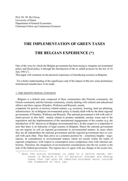 The Implementation of Green Taxes the Belgian Experience