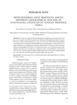 Mitochondrial Gene Sequences Among Different Geographical Isolates of Schistosoma Japonicum in Yunnan Province, China
