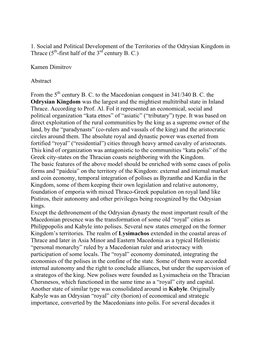 1. Social and Political Development of the Territories of the Odrysian Kingdom in Thrace (5Th-First Half of the 3Rd Century B