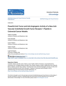 Powerful Anti-Tumor and Anti-Angiogenic Activity of a New Anti- Vascular Endothelial Growth Factor Receptor 1 Peptide in Colorectal Cancer Models