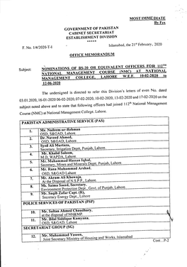 MOST IMMEDIATE by Fax GOVERNMENT of PAKISTAN CABINET SECRETARIAT ESTABLISHMENT DIVISION ***** F. No. 1/4/2020-T-1 Islamabad, Th
