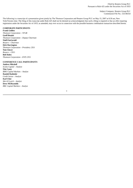 Filed by Reuters Group PLC Pursuant to Rule 425 Under the Securities Act of 1933 Subject Company