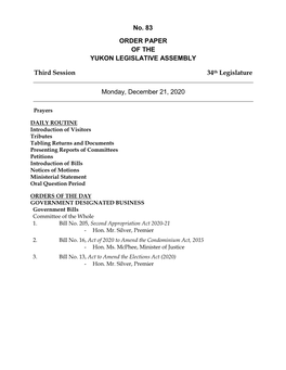 Order Paper of the Yukon Legislative Assembly