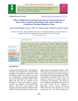 Effect of Different Pre-Sowing Treatments on Seed Germination of Spruce (Picea Smithiana Wall. Boiss) Seeds Under Temperate Conditions of Kashmir Himalayas, India