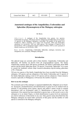 Annotated Catalogue of the Ampulicidae, Crabronidae and Sphecidae (Hymenoptera) of the Malagasy Subregion