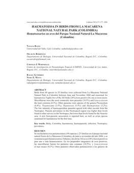 HAEMATOZOA in BIRDS from LA MACARENA NATIONAL NATURAL PARK (COLOMBIA) Hematozoarios En Aves Del Parque Nacional Natural La Macarena (Colombia)