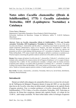 Notes Sobre Cucullia Chamomillae ([Denis & Schiffermüller], 1775) I