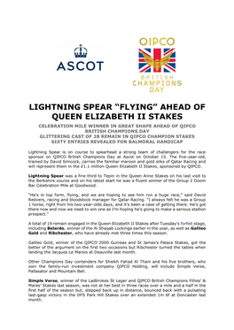 Lightning Spear “Flying” Ahead of Queen Elizabeth Ii Stakes