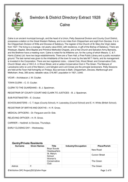 Swindon & District Directory Extract 1928 Calne