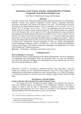 Antioxidant, Acute Toxicity Activities and Identification of Isolated Compounds from Dichroa Febrifuga Lour