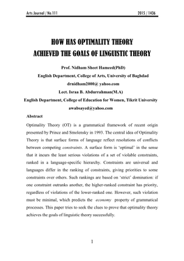 How Has Optimality Theory Achieved the Goals of Linguistic Theory