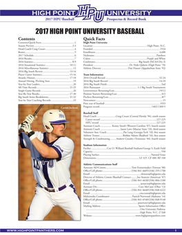 2017 HIGH POINT UNIVERSITY BASEBALL Contents Quick Facts Contents/Quick Facts