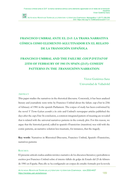 Francisco Umbral Ante El 23-F: La Trama Narrativa-Cómica Como Elemento Aglutinador En El Relato De La Transición Española Víctor Gutiérrez-Sanz