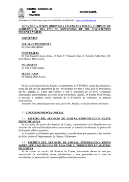 Acta De La Sesion Ordinaria Celebrada Por La Comision De Gobierno El Dia Uno De Septiembre De Mil Novecientos Noventa Y Siete