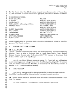 The City Council of the City of Seabrook Met in Regular Teleconference Session on Tuesday, June 2 16, 2020 at 6:00 P.M