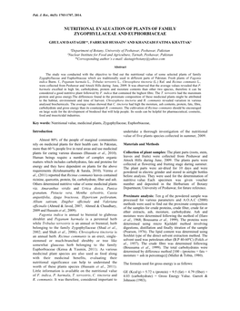 Nutritional Evaluation of Plants of Family Zygophyllaceae and Euphorbiaceae