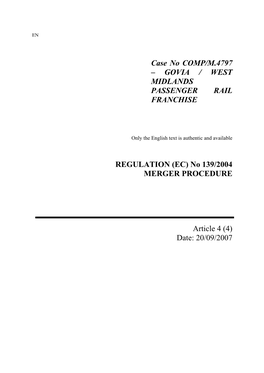 Case No COMP/M.4797 – GOVIA / WEST MIDLANDS PASSENGER RAIL FRANCHISE REGULATION