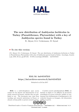 The New Distribution of Amblyseius Herbicolus in Turkey (Parasitiformes, Phytoseiidae) with a Key of Amblyseius Species Found in Turkey R