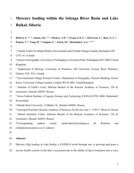 Mercury Loading Within the Selenga River Basin and Lake Baikal, Siberia