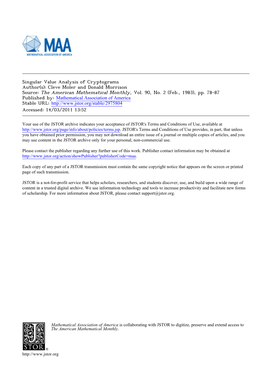 Singular Value Analysis of Cryptograms Author(S): Cleve Moler and Donald Morrison Source: the American Mathematical Monthly, Vol