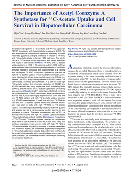 The Importance of Acetyl Coenzyme a Synthetase for 11C-Acetate Uptake and Cell Survival in Hepatocellular Carcinoma