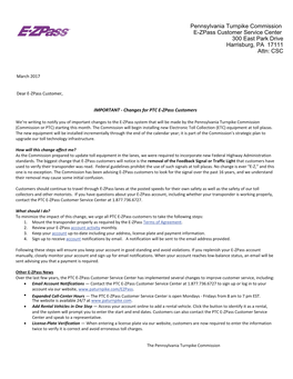 Pennsylvania Turnpike Commission E-Zpass Customer Service Center 300 East Park Drive Harrisburg, PA 17111 Attn: CSC