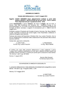 ACQUE VERONESI Scarl: Determinazioni Tariffarie Ai Sensi Della Delibera AEEGSI N