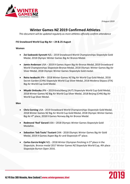 Winter Games NZ 2019 Confirmed Athletes This Document Will Be Updated Regularly As More Athletes Officially Confirm Attendance