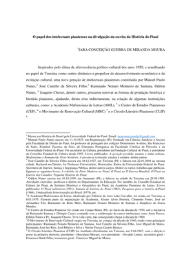 O Papel Dos Intelectuais Piauienses Na Divulgação Da Escrita Da História Do Piauí