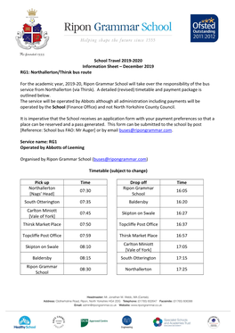 School Travel 2019-2020 Information Sheet – December 2019 RG1: Northallerton/Thirsk Bus Route