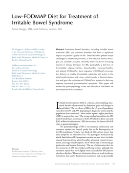 Low-FODMAP Diet for Treatment of Irritable Bowel Syndrome Suma Magge, MD, and Anthony Lembo, MD