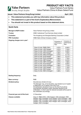 PRODUCT KEY FACTS Value Partners Fund Series Value Partners China A-Share Select Fund