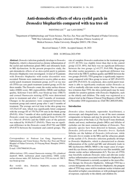 Anti‑Demodectic Effects of Okra Eyelid Patch in Demodex Blepharitis Compared with Tea Tree Oil