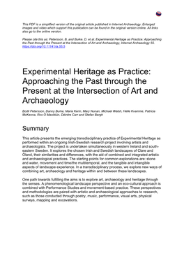 Experimental Heritage As Practice: Approaching the Past Through the Present at the Intersection of Art and Archaeology, Internet Archaeology 55