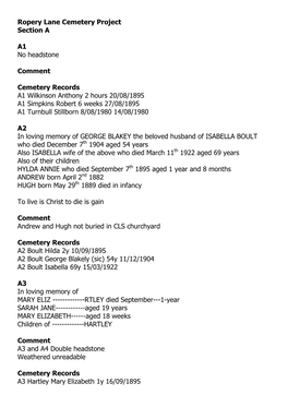 Cemetery Records A1 Wilkinson Anthony 2 Hours 20/08/1895 A1 Simpkins Robert 6 Weeks 27/08/1895 A1 Turnbull Stillborn 8/08/1980 14/08/1980