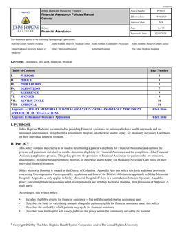 Johns Hopkins Medicine Finance Financial Assistance Policies Manual General