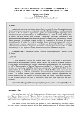 Características Do Sistema De Controle Gerencial Das Escolas De Samba: O Caso Da Cidade Do Rio De Janeiro