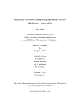 Biology and Conservation of the Endangered Bahama Swallow (Tachycineta Cyaneoviridis)