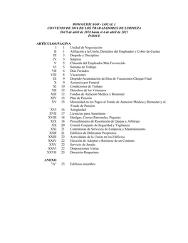 BOMA/CHICAGO - LOCAL 1 CONVENIO DE 2018 DE LOS TRABAJADORES DE LIMPIEZA Del 9 De Abril De 2018 Hasta El 4 De Abril De 2021 ÍNDICE