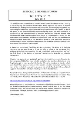 HISTORIC LIBRARIES FORUM BULLETIN NO. 25 July 2013