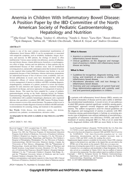 Anemia in Children with Inflammatory Bowel Disease: ## JPGN � from the Address Correspondence and Reprint R JPGN ( Received August 7, 2019; Accepted June 23, 2020