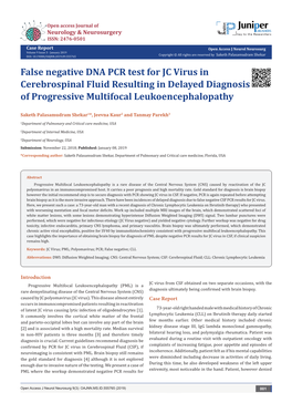 False Negative DNA PCR Test for JC Virus in Cerebrospinal Fluid Resulting in Delayed Diagnosis of Progressive Multifocal Leukoencephalopathy