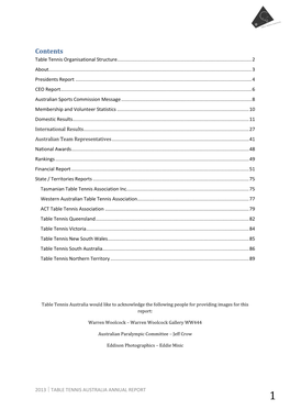 Table Tennis Australia Would Like to Acknowledge the Following People for Providing Images for This Report