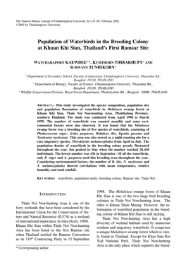 Population of Waterbirds in the Breeding Colony at Khuan Khi Sian, Thailand’S First Ramsar Site